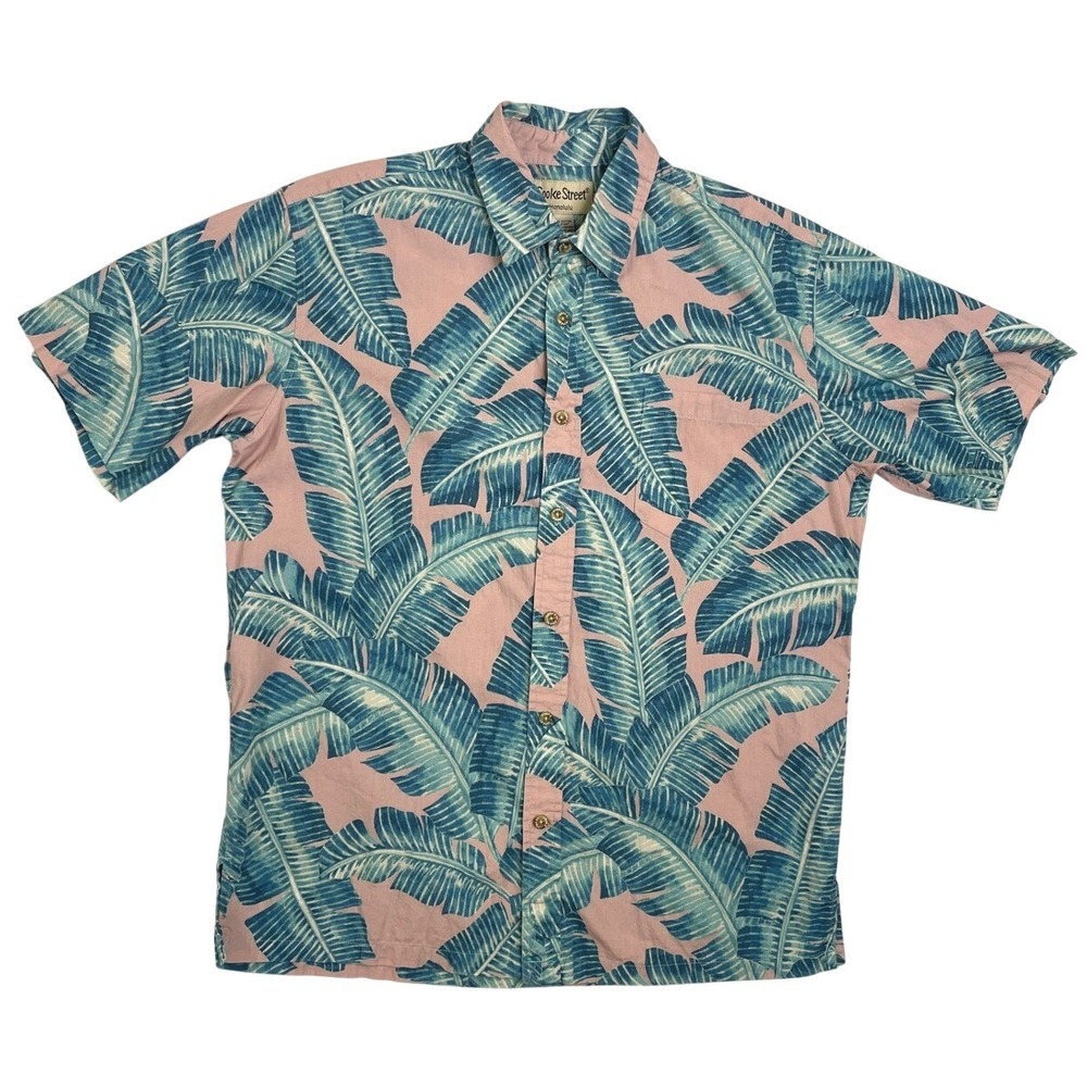 Cooke Street Honolulu Mens Medium Pink Teal Banana Leaf Tropical Cotton Shirt